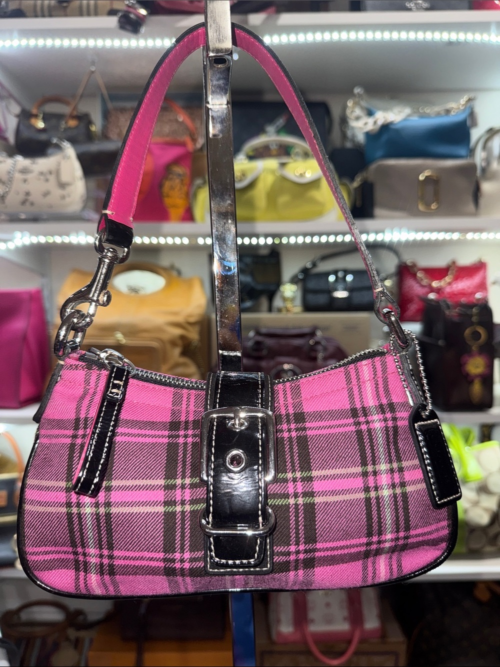 Coach  Vintage Hampton Pink Plaid Shoulder Bag with Black Trim prestige